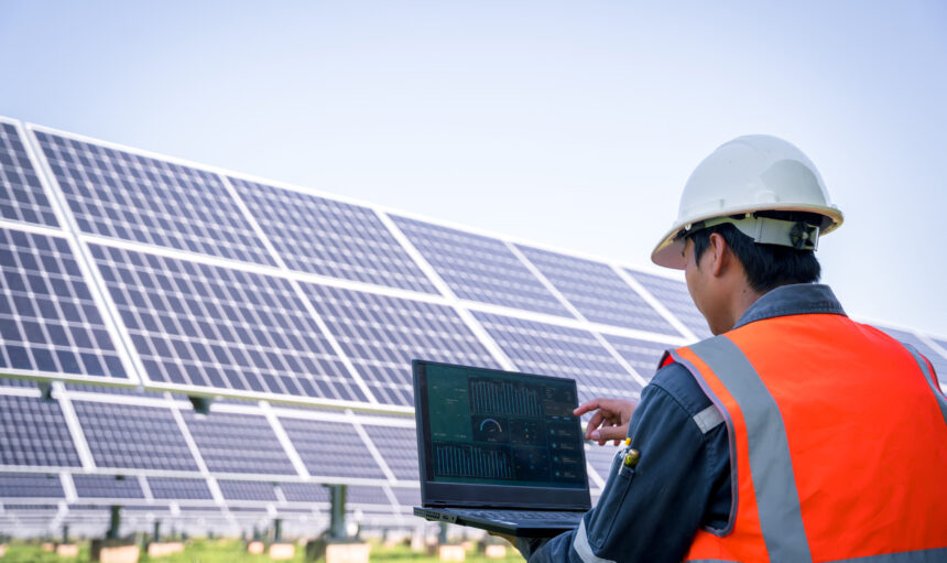 The solar farm(solar panel) with engineers check the operation of the system, Alternative energy to conserve the world's energy, Photovoltaic module idea for clean energy production.